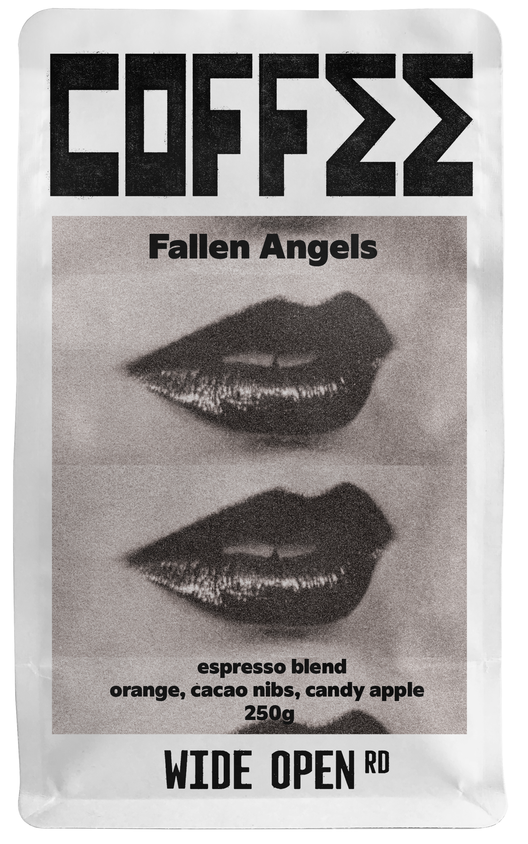 Wide Open Rd Fallen Angels espresso blend coffee bag, orange, cacao nib and candy apple notes