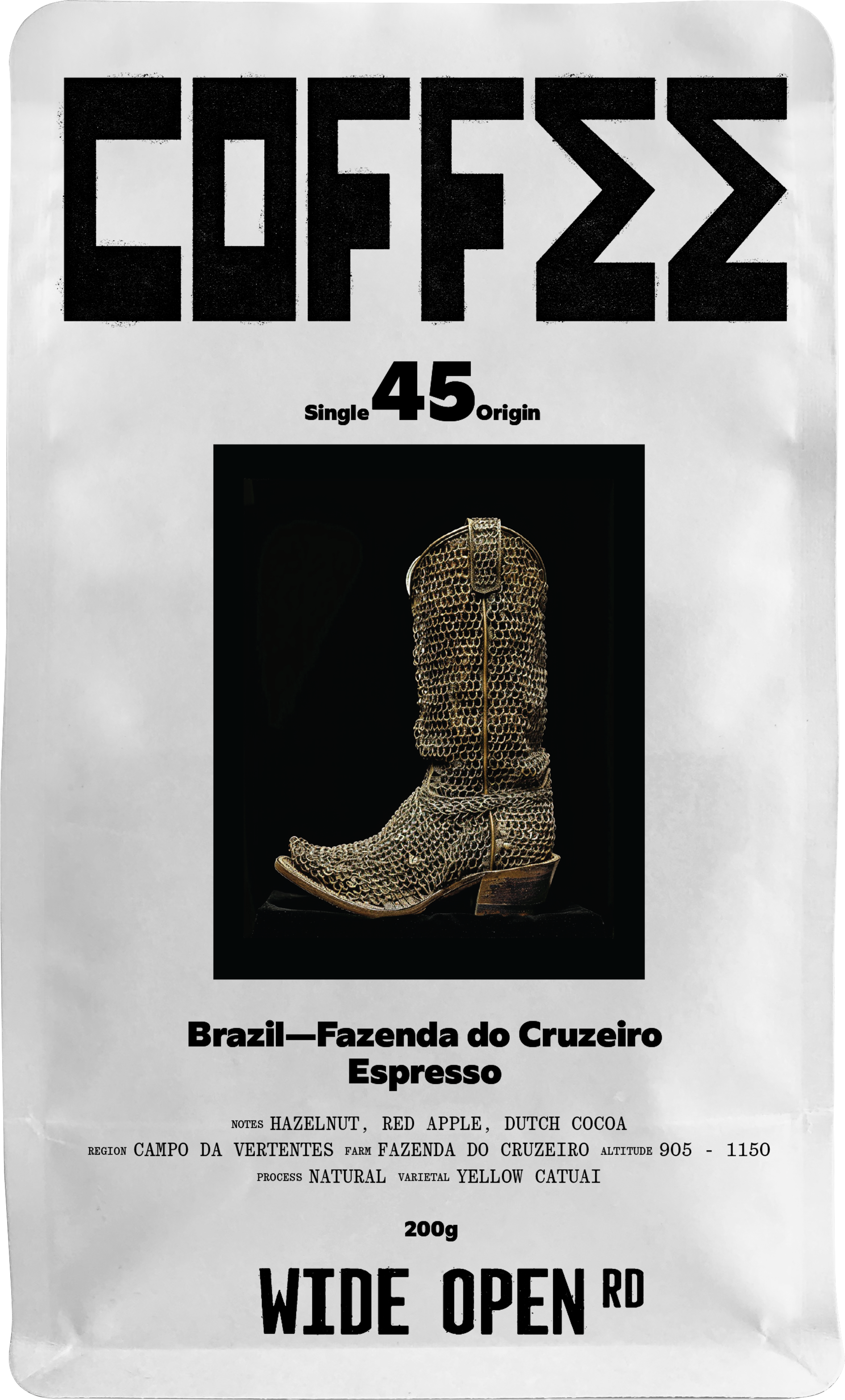 Wide Open Rd Brazil Fazenda do Cruzeiro natural espresso coffee bag, hazelnut, red apple and Dutch cocoa notes