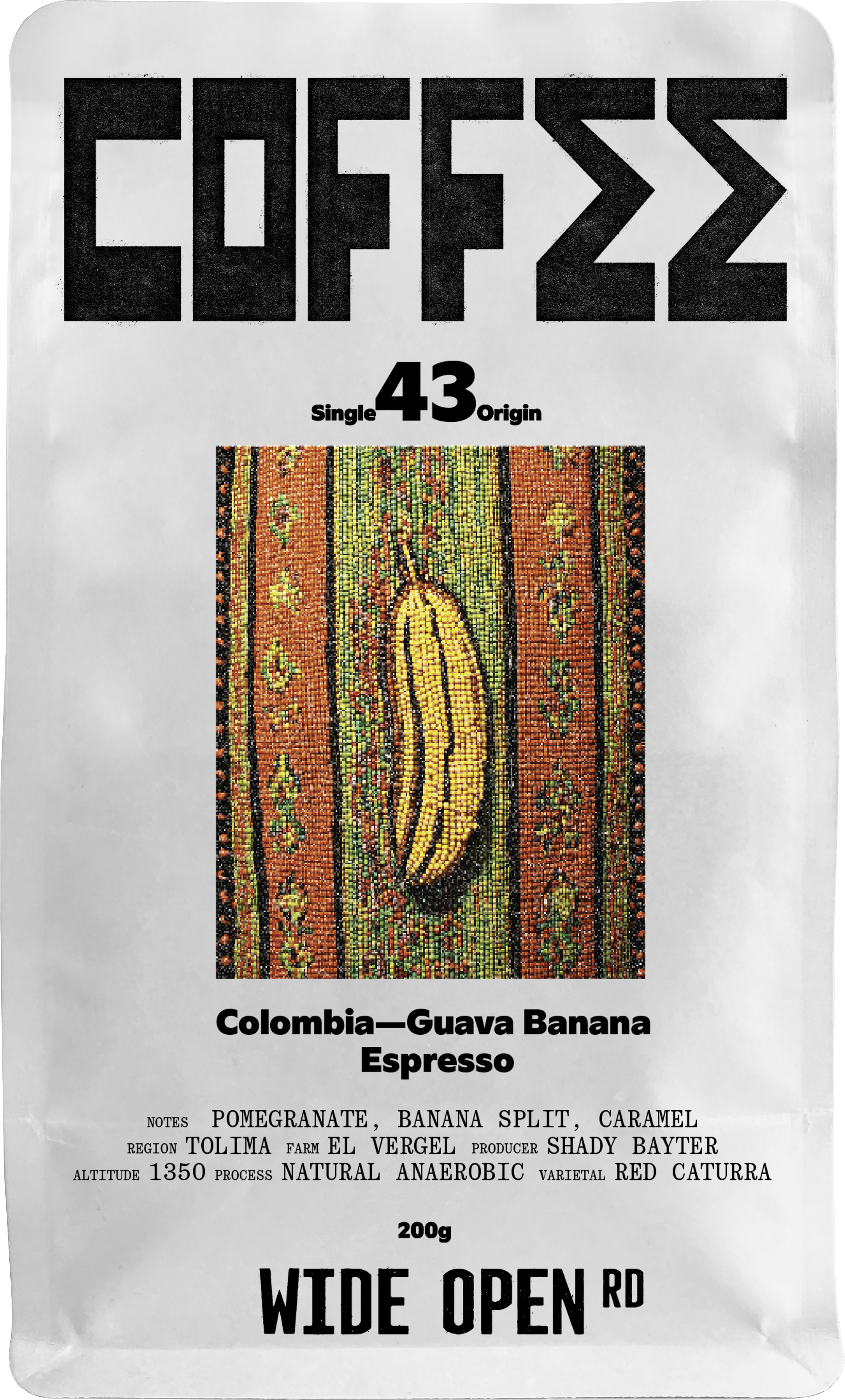Wide Open Rd Colombia Guava Banana natural anaerobic espresso coffee bag, pomegranate, banana split and caramel notes
