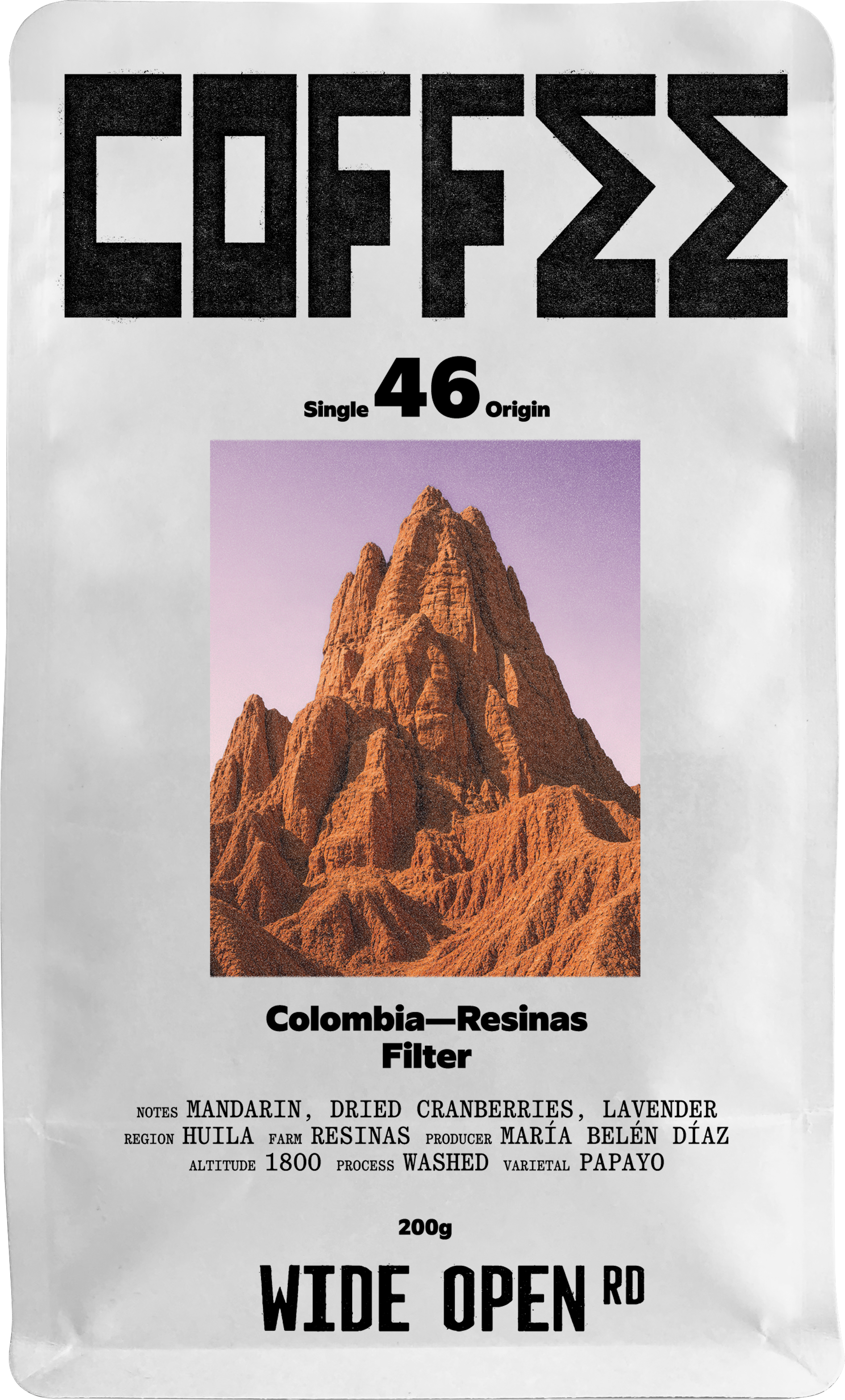 Wide Open Rd Colombia Resinas washed filter coffee bag, mandarin, dried cranberry and lavender notes